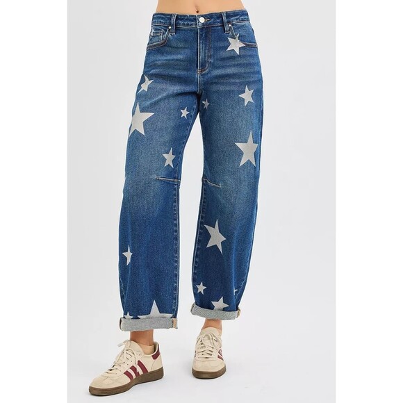 RISEN Mid Rise Ankle Length Relaxed Barrel Star Printed Jeans - Picture 4 of 6